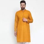 Men Mustard Yellow Thread Work Cotton Kurta