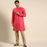 Men Magenta Pink & Golden Floral Printed Thread Work Floral Kurta