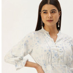 White & Blue Tropical Print Mandarin Collar  Top