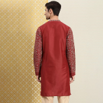 Men Red & Gold-Toned Ethnic Motifs Printed Thread Work Kurta