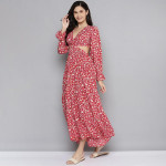 Red & Beige Floral Waist Cut-Out Maxi Dress