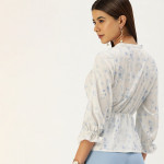 White & Blue Tropical Print Mandarin Collar  Top