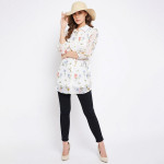 White & Blue Shirt Collar Floral Printed Tunic