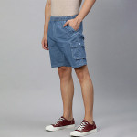 Men Blue Solid Pure Cotton Denim Cargo Shorts