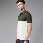 Men Olive Green & Yellow Colourblocked Polo Collar Active Fit T-shirt