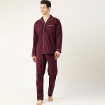 Men Burgundy Pure Cotton Solid Nightsuit